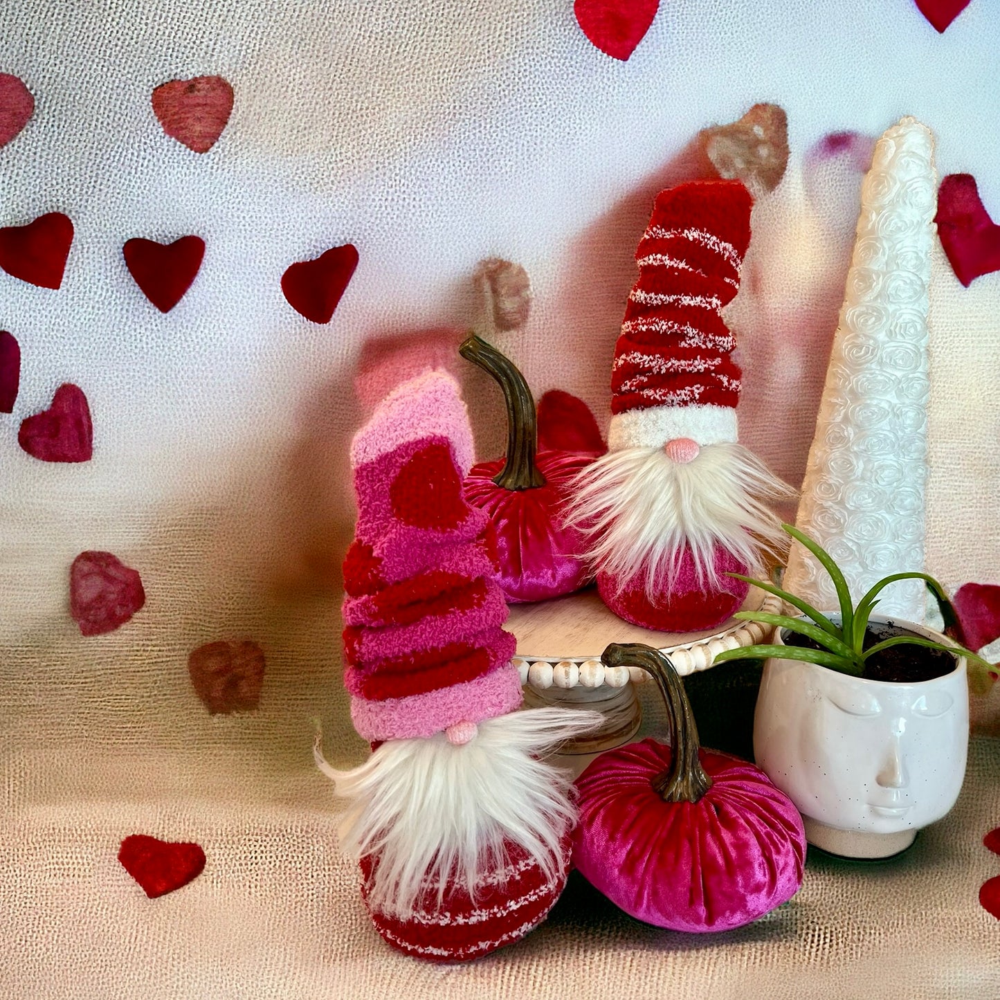 Handmade single GNOME Fuchsia hat Red Dot entryway gnome decor mantle decor gnome centerpieces Valentine's Day gift for her Spring gnome