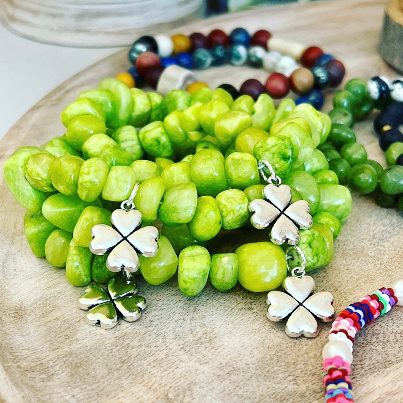 Bracelet Stretchy Green JADE Chunky Beads Handcrafted LUCKY CHARM Stretch Bracelet Arm Party Stack Bracelet Shamrock Charm Eye Candy