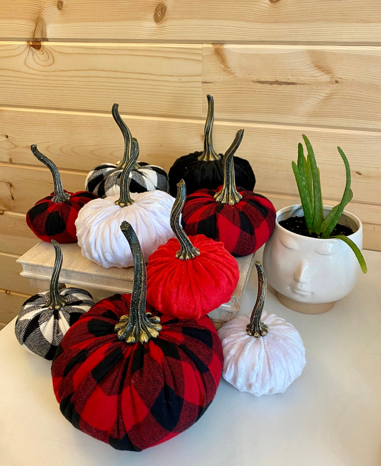 PUMPKIN SET of 3 FLANNEL FABRIC - BLACK and RED BUFFALO CHECK PLAID