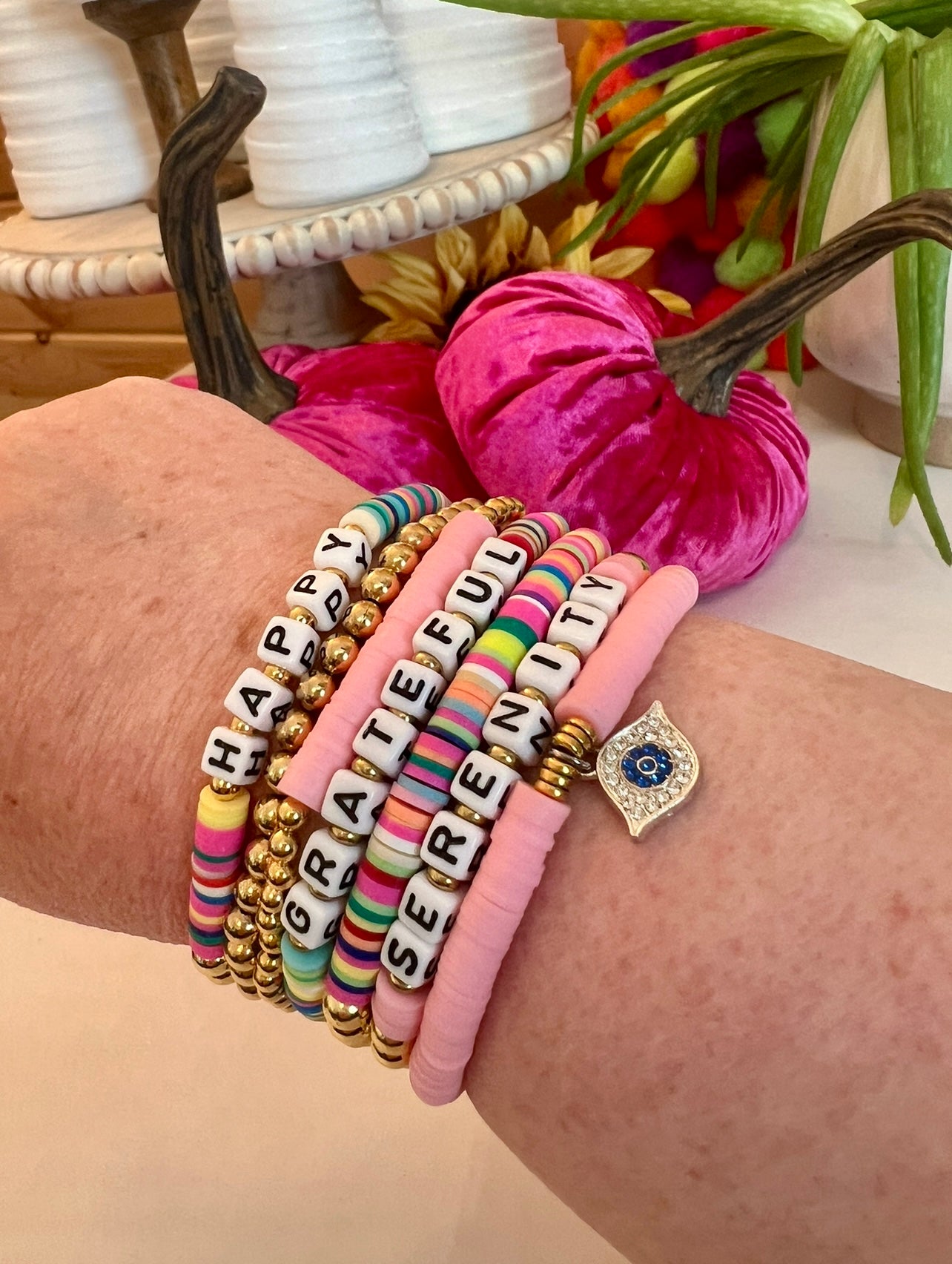 Eras Bracelet Gift Set Stretchy Stack Bracelets Love Celebration Eras Collection Peace Love Joy Pink Polymer Clay Disks Rainbow Gold Beads