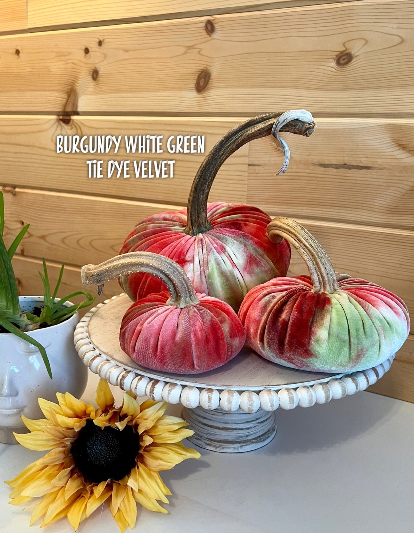 PUMPKIN SET of 3 VELVET TIE DYE - BURGUNDY WHITE and GREEN