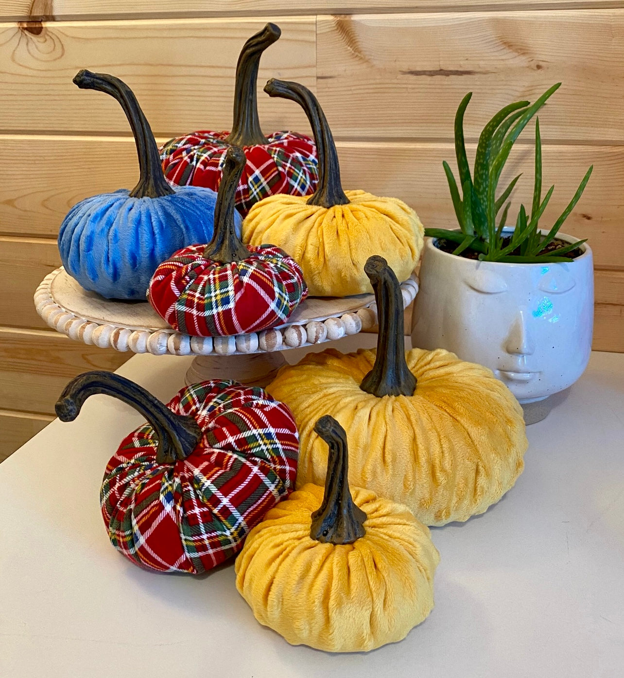 HANDCRAFTED SET of 3 FLANNEL FABRIC PUMPKINS - RED TARTAN PLAID