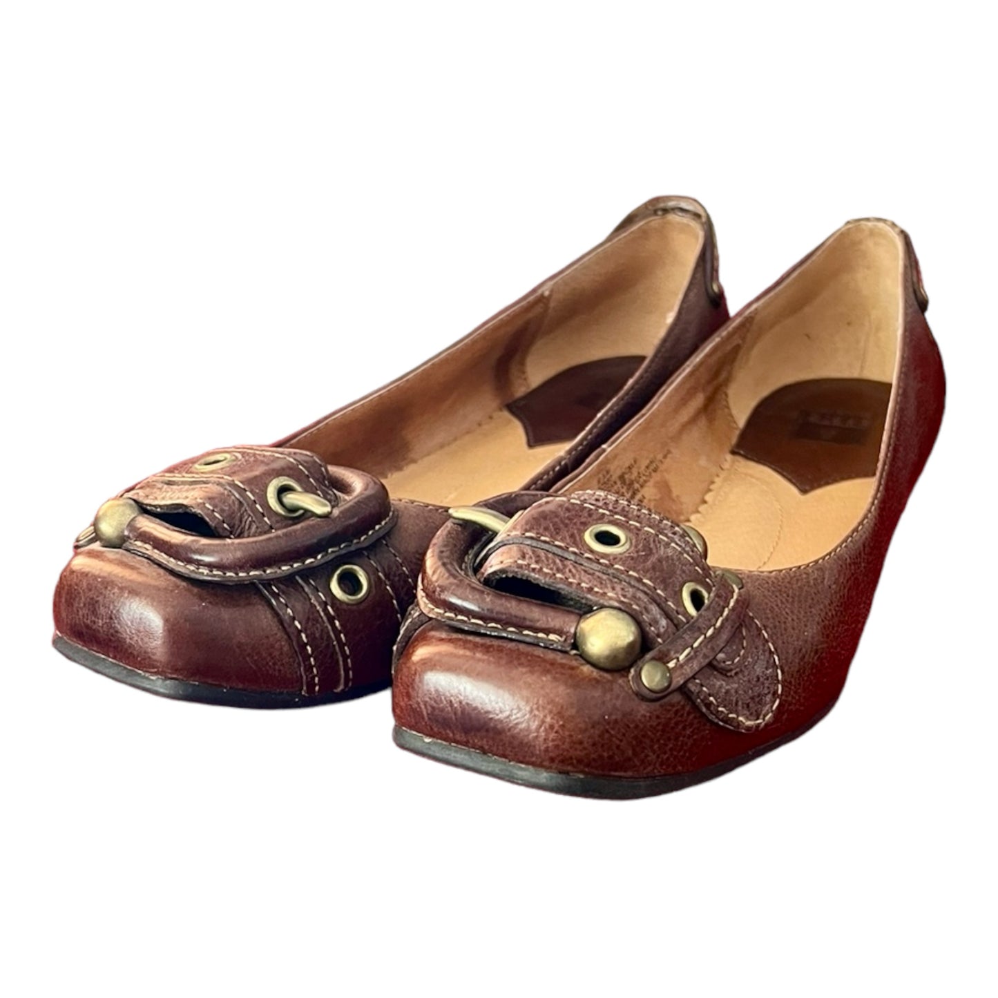 ‼️SOLD‼️FRYE Megan Brass Buckle Flats Brown Leather Shoes Size 9.5 Worn ONCE