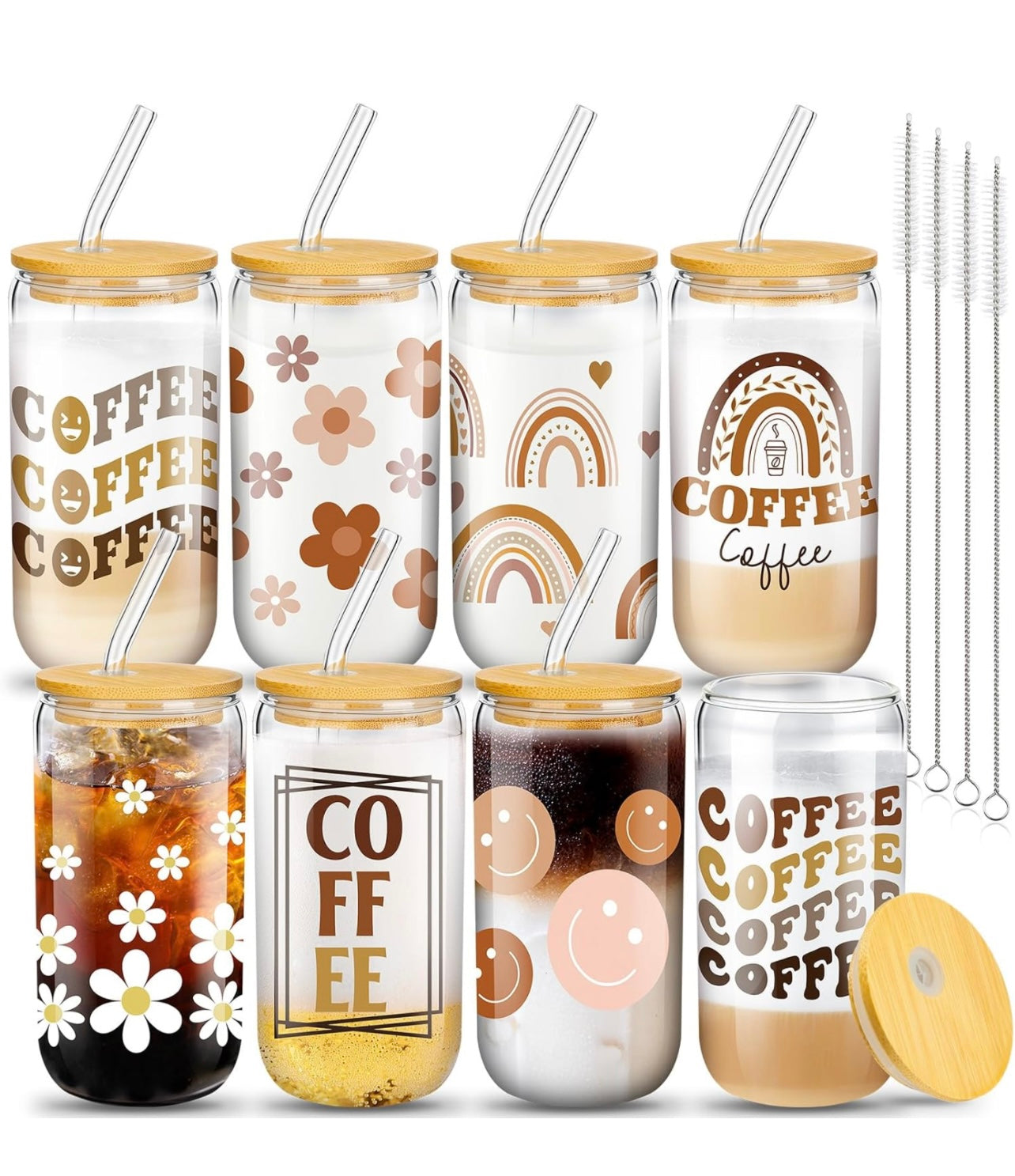 REUSABLE GLASS TUMBLER CUP - 16oz, with Bamboo Lid and Glass Straw - BOHO PRINT