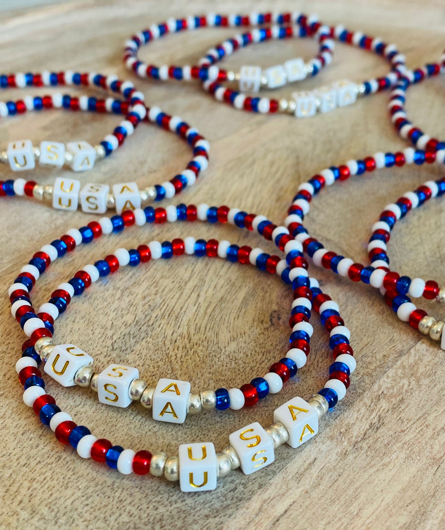 USA Bracelet Red White and Blue Stretchy Handcrafted Bracelet Beaded Americana Glam Patriotic Chic Arm Candy Unisex Jewelry Bracelet Gift