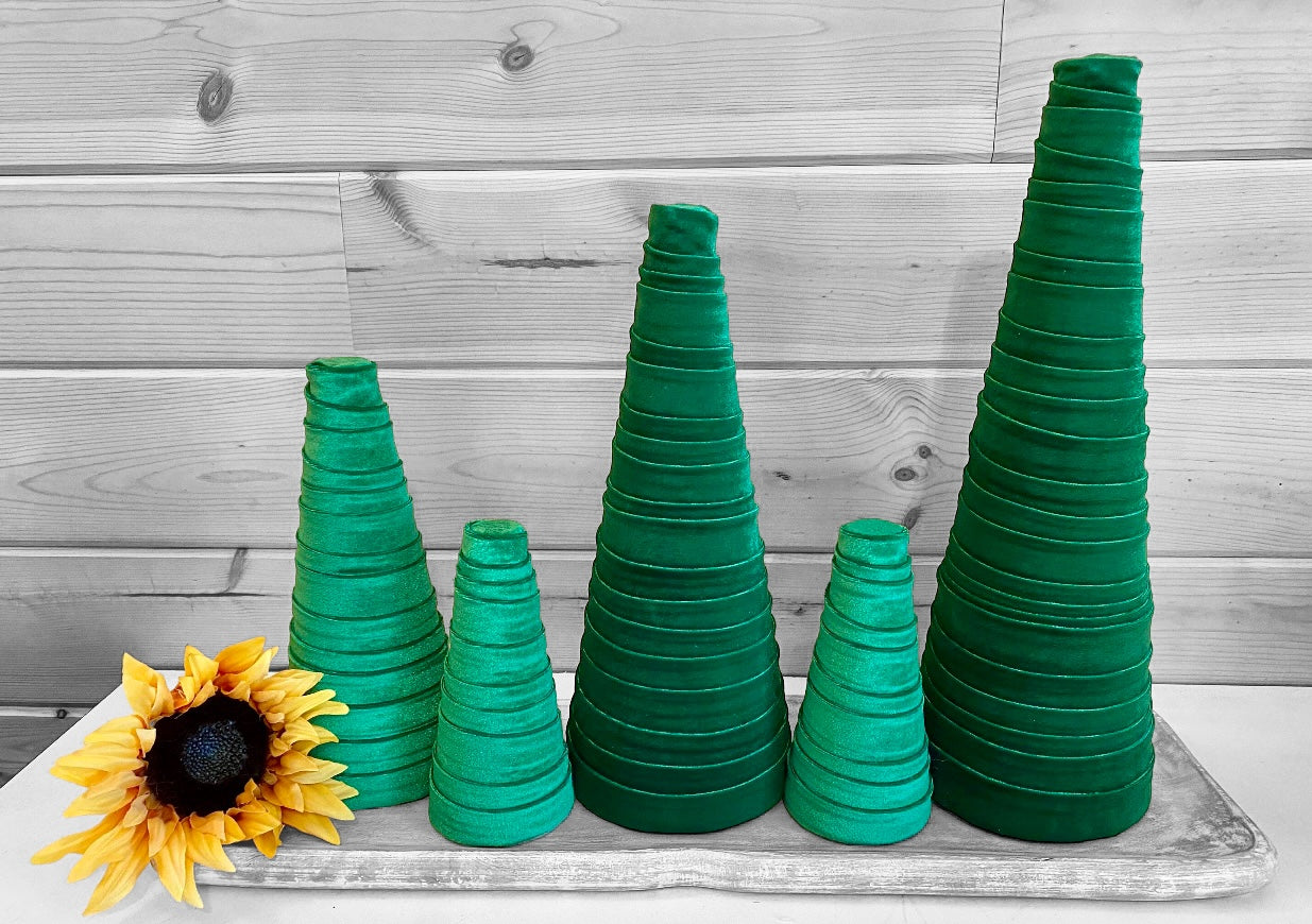 Decorative CONE Trees GREEN VELVET Luxe Home Decor Set of 5