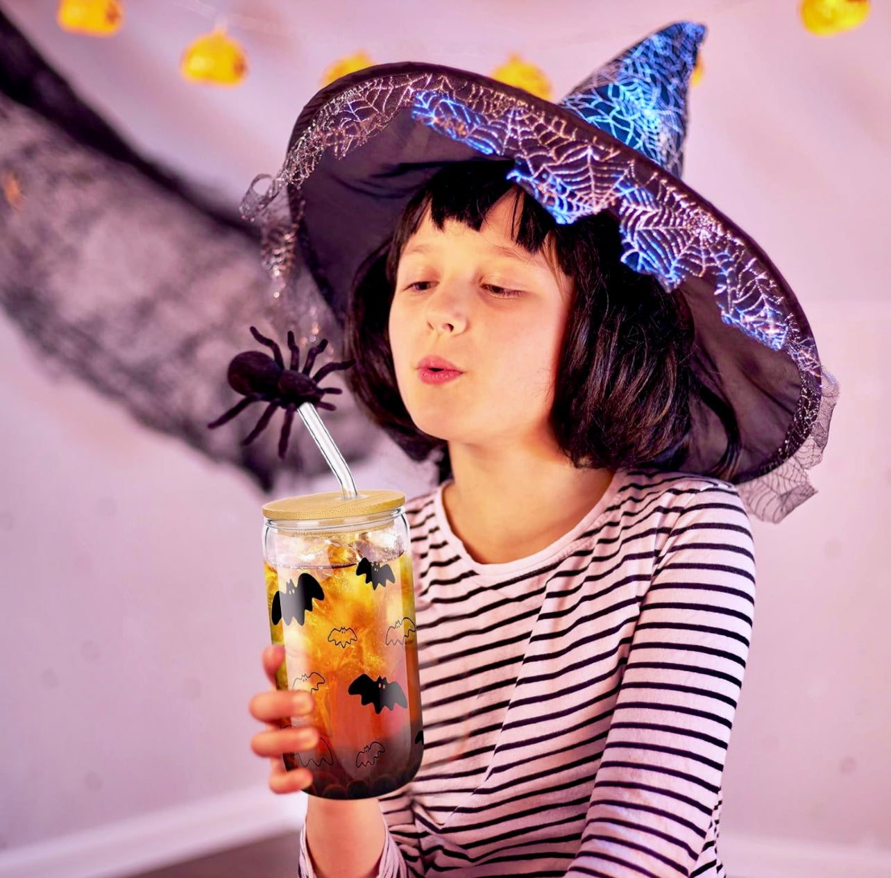 GLASS TUMBLER REUSABLE CUP - 16oz, with Bamboo Lid and Glass Straw - FUN HALLOWEEN PRINT