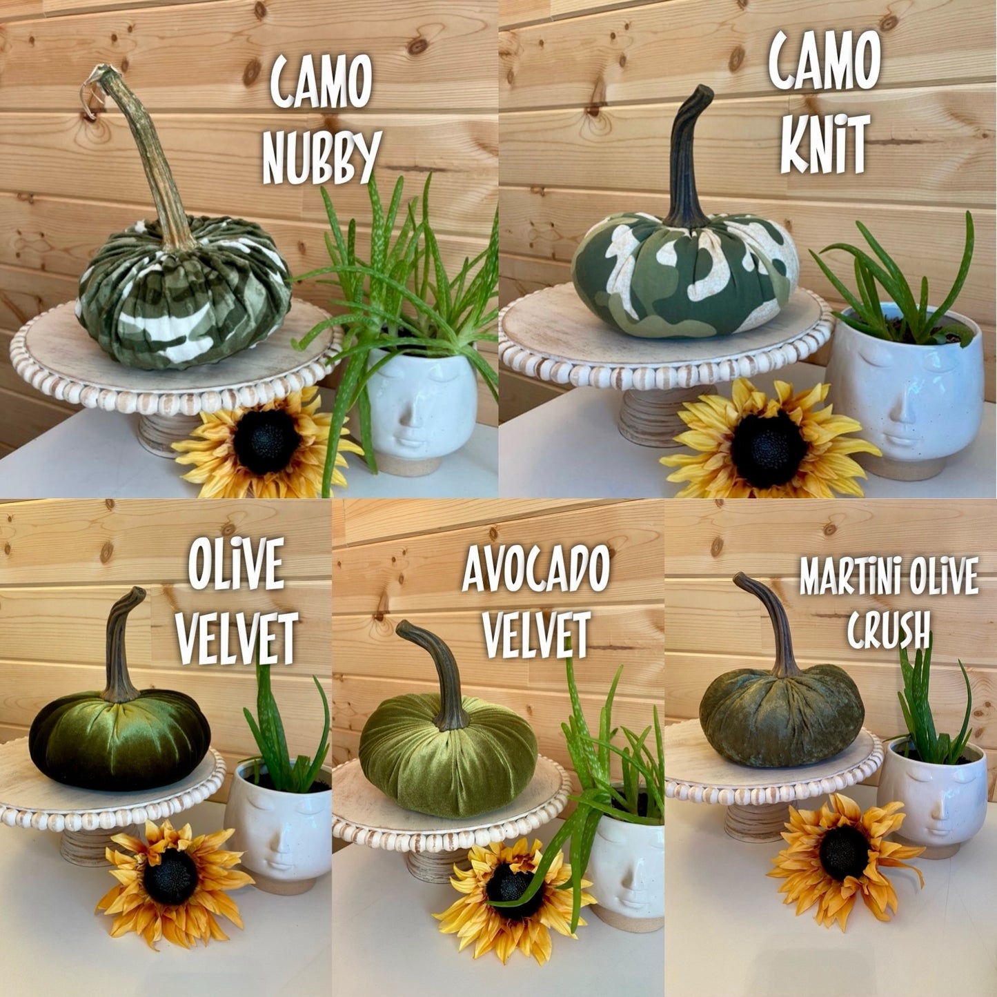 PUMPKIN SET of 3 NUBBY MINK VELVET - GREEN CAMO