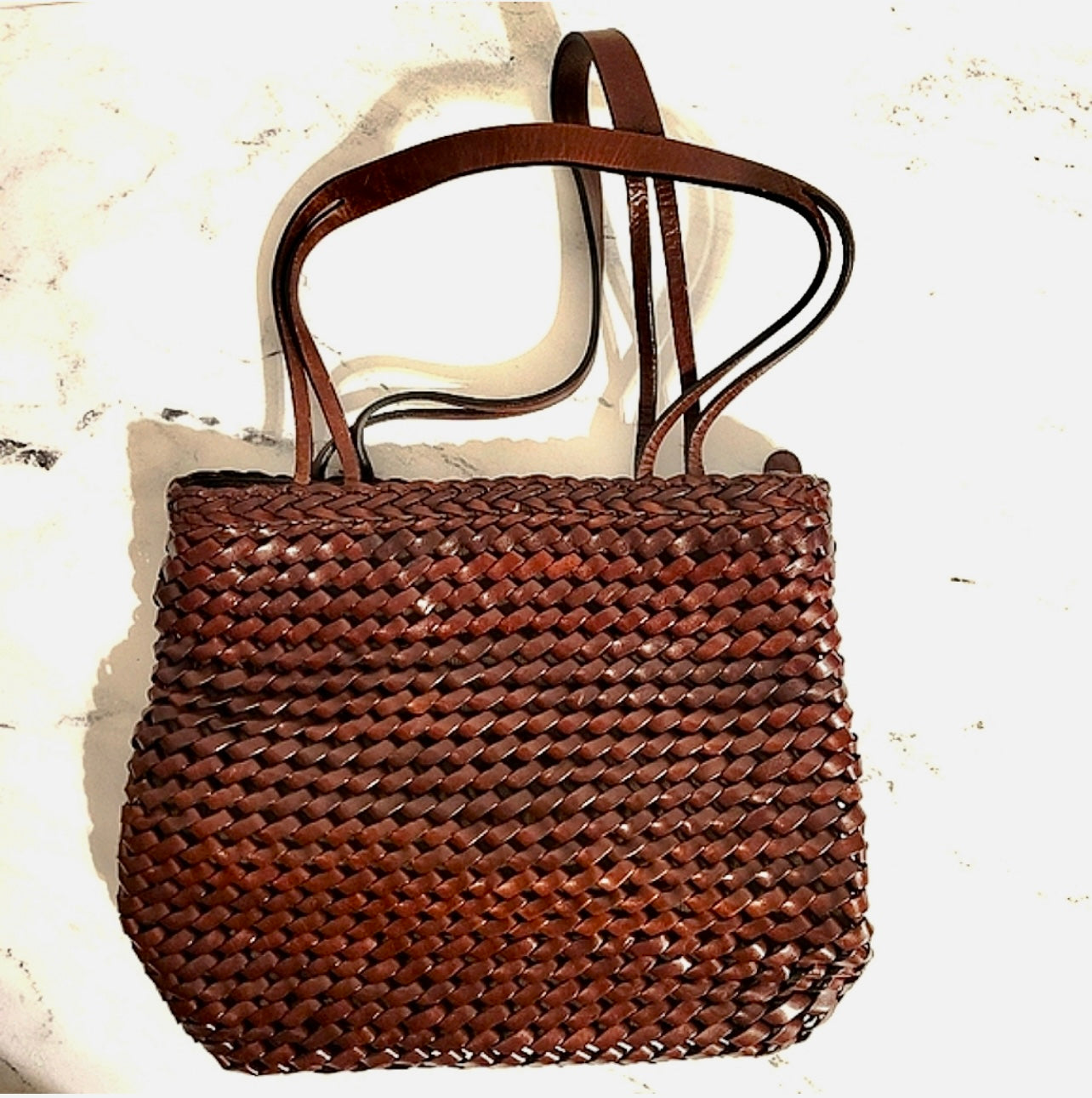 ‼️SOLD‼️ Woven Brown Leather Tote Bag Bucket Bag Fabric Lined by HOBO International