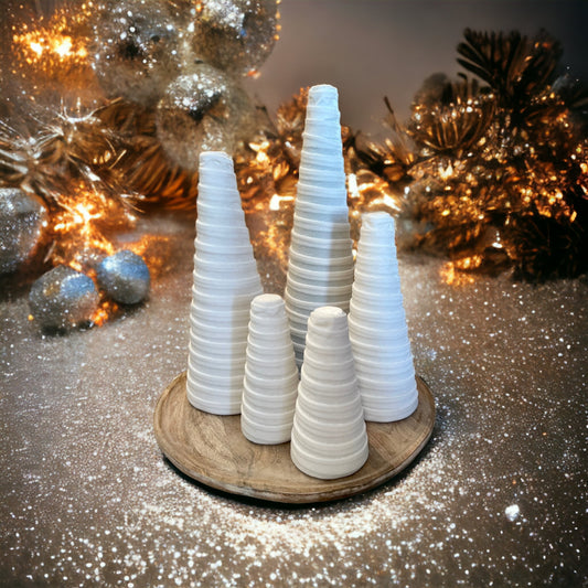 handcrafted White Velvet Set of 5 Decorative Trees holiday centerpieces wedding reception table-scapes rustic farmhouse glam