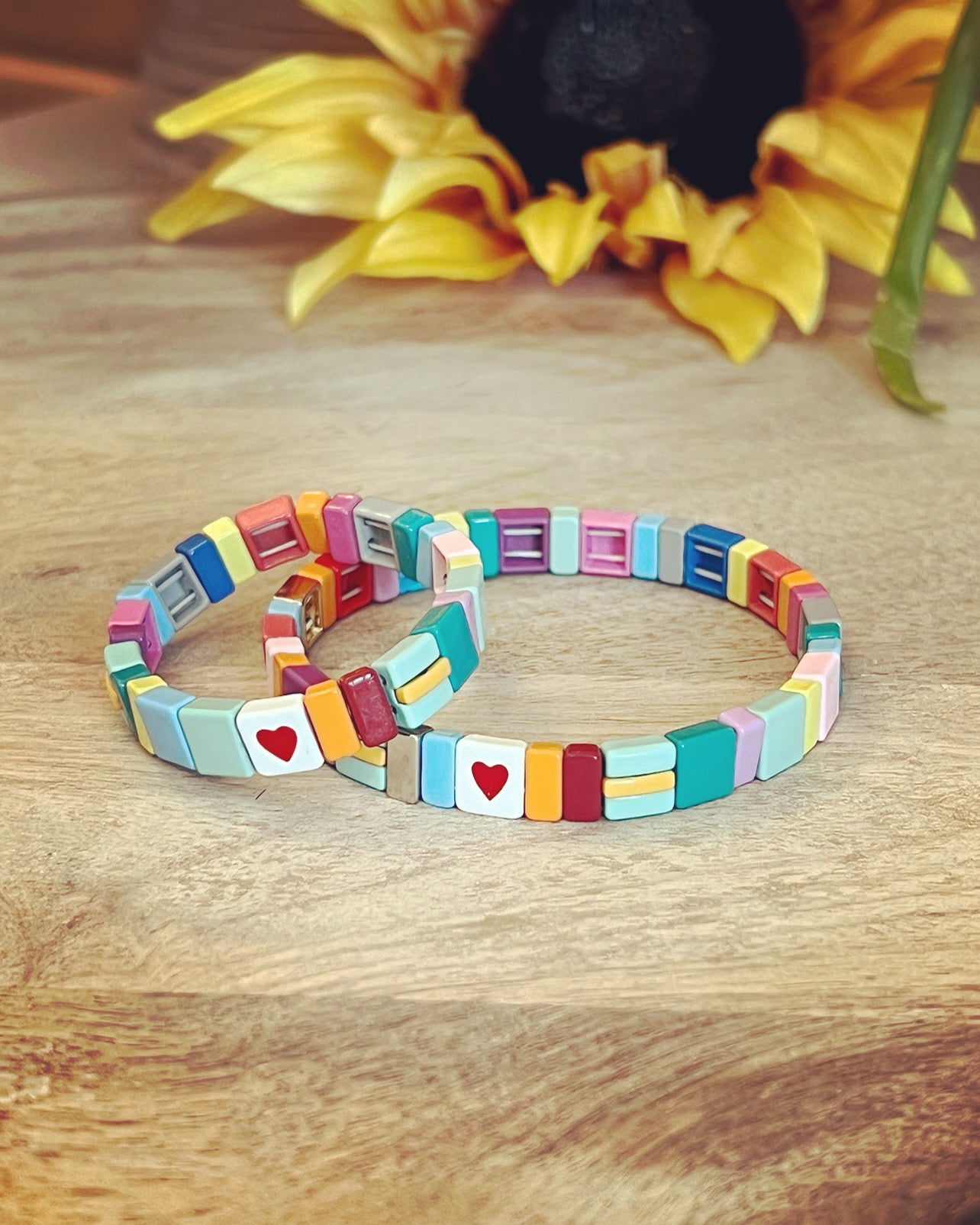 Bracelet Gift Set Stretch Bracelets MOMMY & ME Heart Rainbow Enamel Ceramic Bracelet One for Mom Heart Bracelet One for Child Heart Bracelet