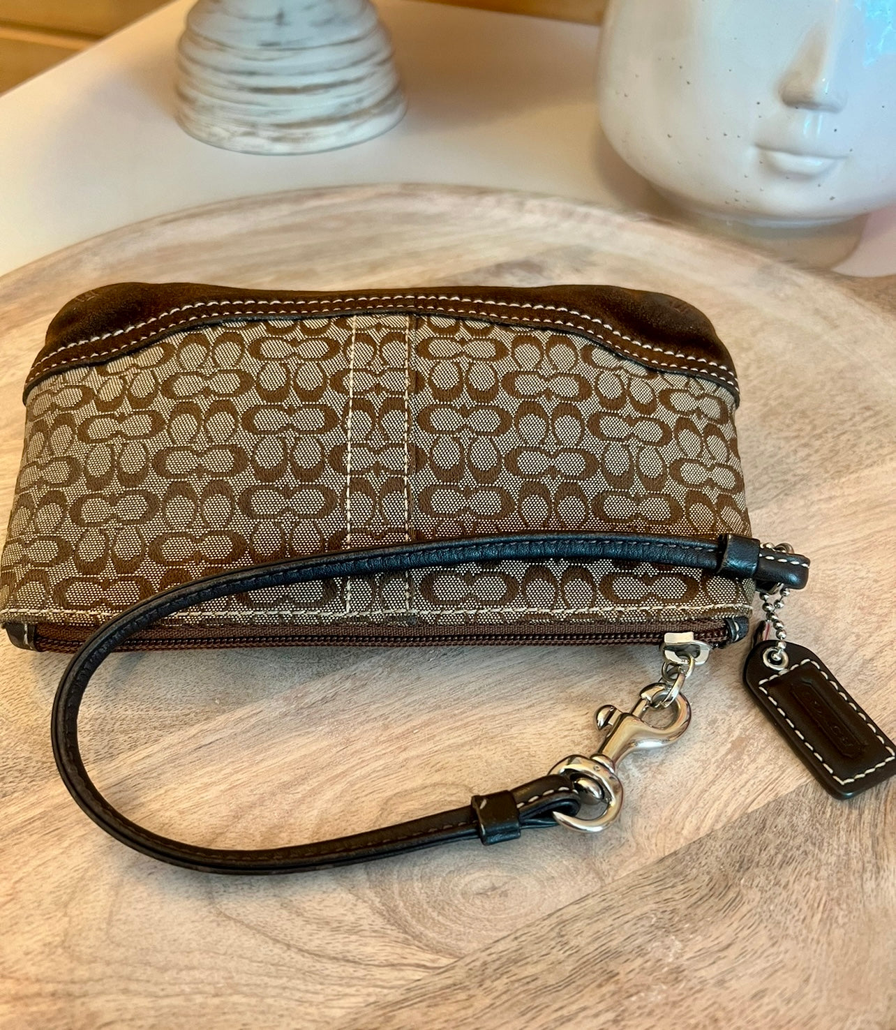 Vintage COACH Signature Wristlet Bag Clutch with Brown Suede Trim Bottom