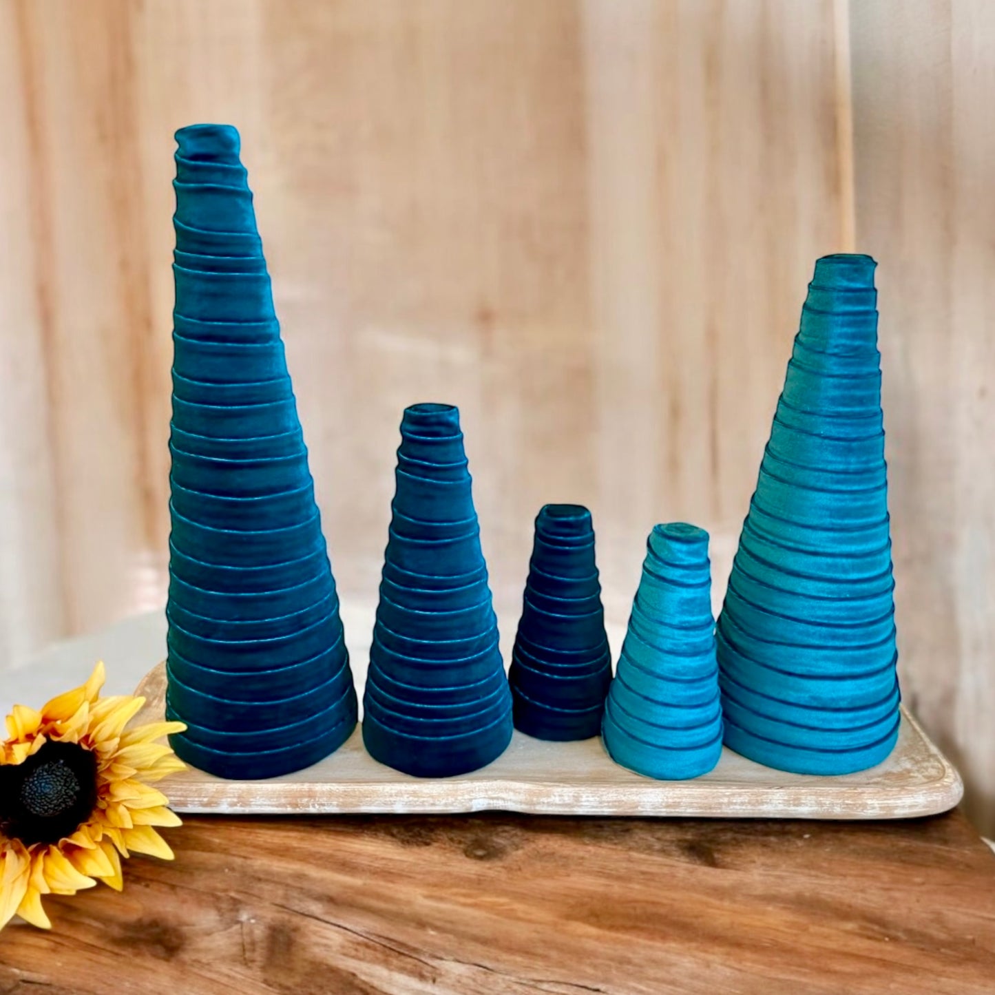 Teal Velvet Decorative Cones Set of 4 Everyday Mantel Décor Dark Turquoise Decor Christmas Tablescape Wedding Centerpiece