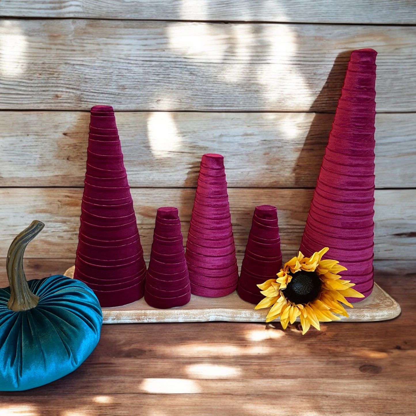 Decorative CONE Trees for Home Decor and Wedding Centerpieces Set of 5 MAGENTA VELVET Cones