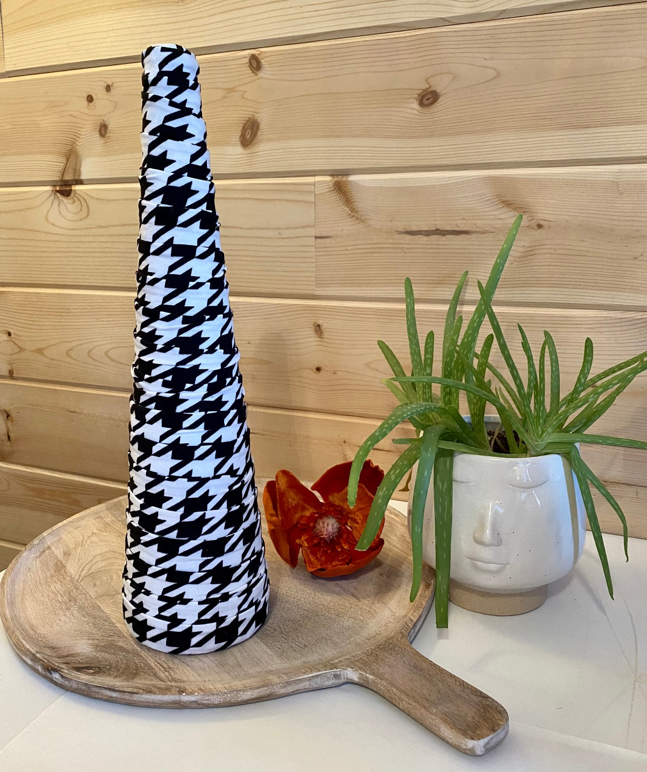 Decorative CONE Tree Centerpieces BLACK and WHITE Houndstooth Print Handcrafted Fabric Cones Country Chic Farmhouse Glam Set of 4