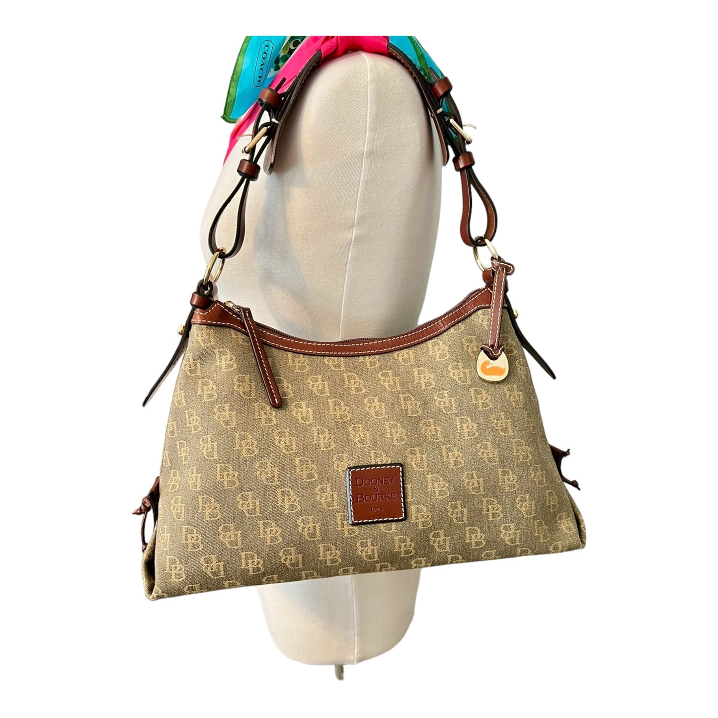 Dooney & Bourke Canvas Signature East West Slouch Shoulder Bag Beige/Brown