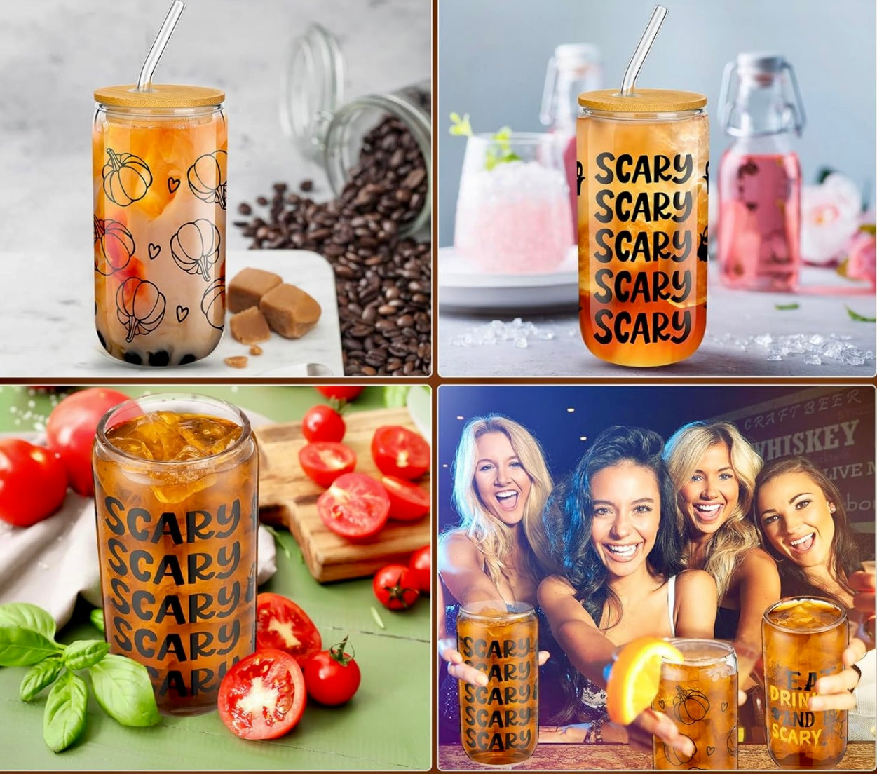 WHOLESALE REUSABLE GLASS TUMBLER CUPS - FUN HALLOWEEN PRINT - MUST ORDER 3 TOTAL SETS