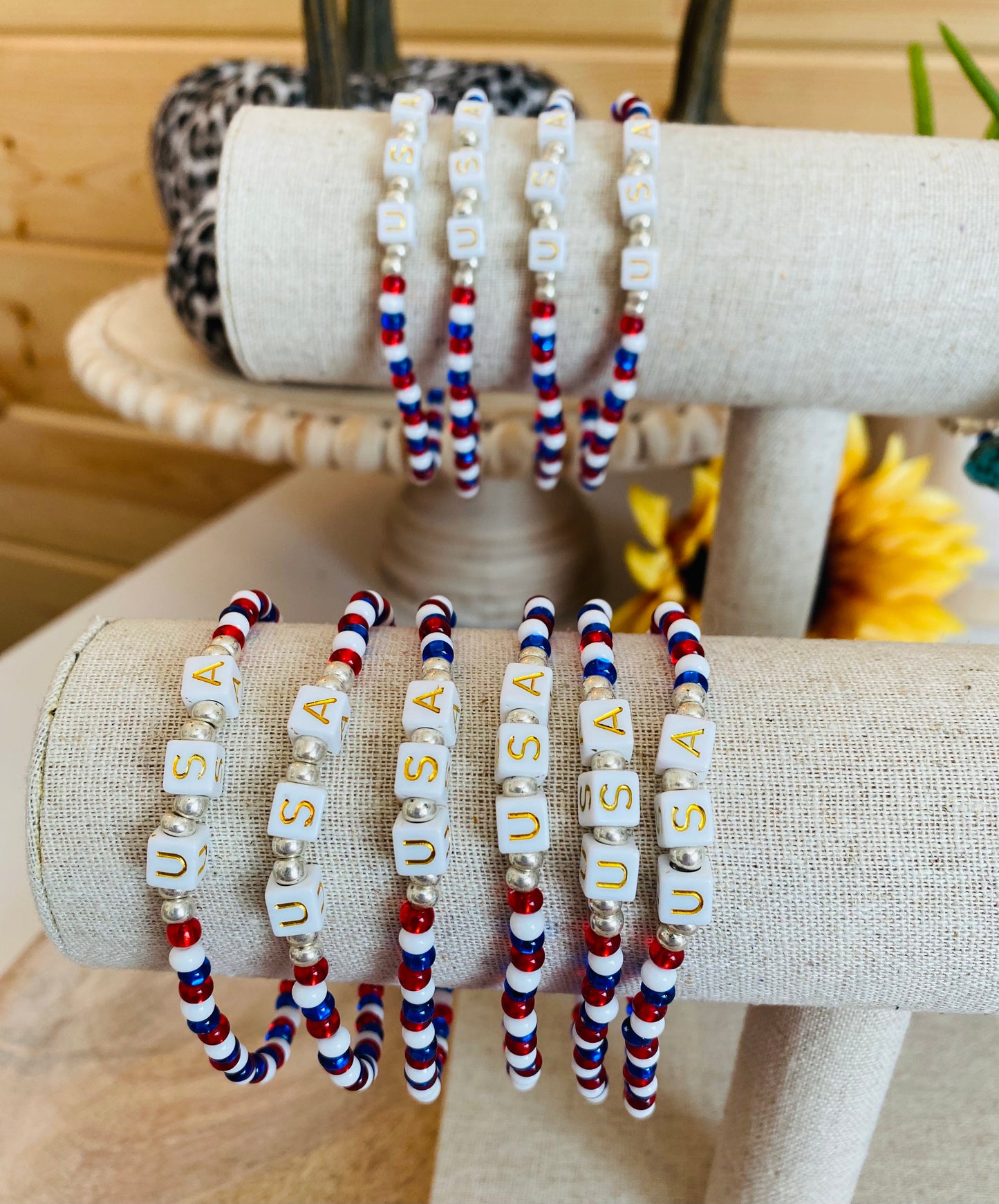 USA Bracelet Red White and Blue Stretchy Handcrafted Bracelet Beaded Americana Glam Patriotic Chic Arm Candy Unisex Jewelry Bracelet Gift