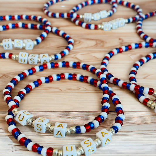 USA Patriotic Bracelet Stretchy Handcrafted Red White and Blue Beaded Americana Glam Arm Candy Bracelet Jewelry Gift Unisex