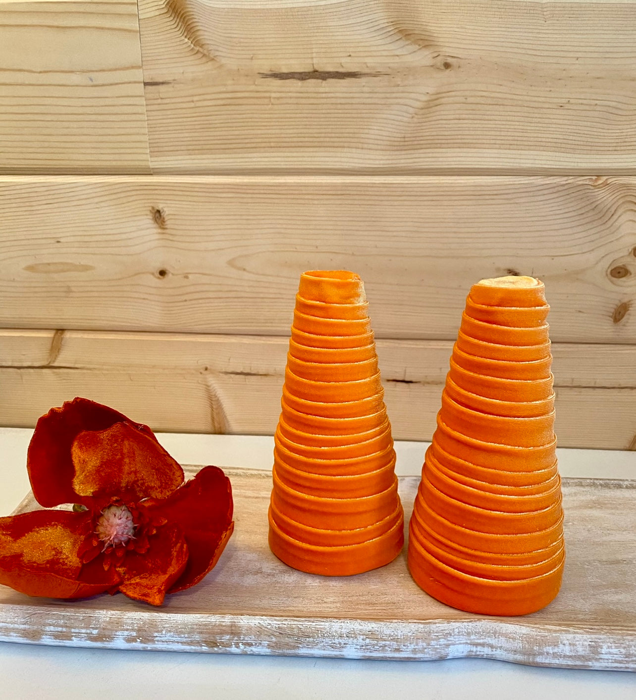 Decorative CONE Trees ORANGE VELVET Luxe Velvet Tree Set of 5