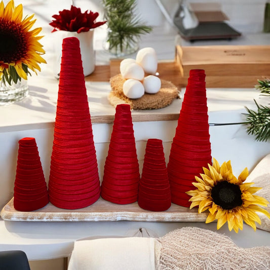 Decorative CONE Trees CANDY CANE RED VELVET Tree Set of 5