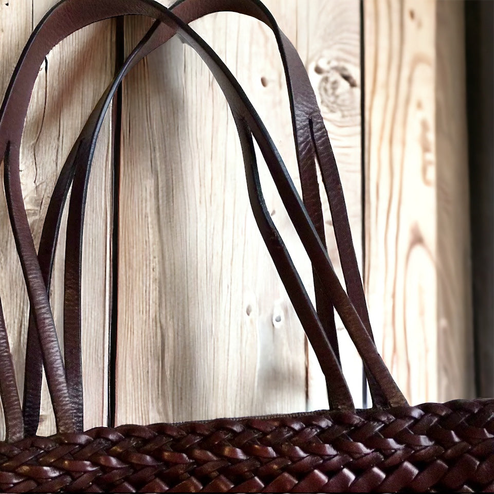 ‼️SOLD‼️ Woven Brown Leather Tote Bag Bucket Bag Fabric Lined by HOBO International