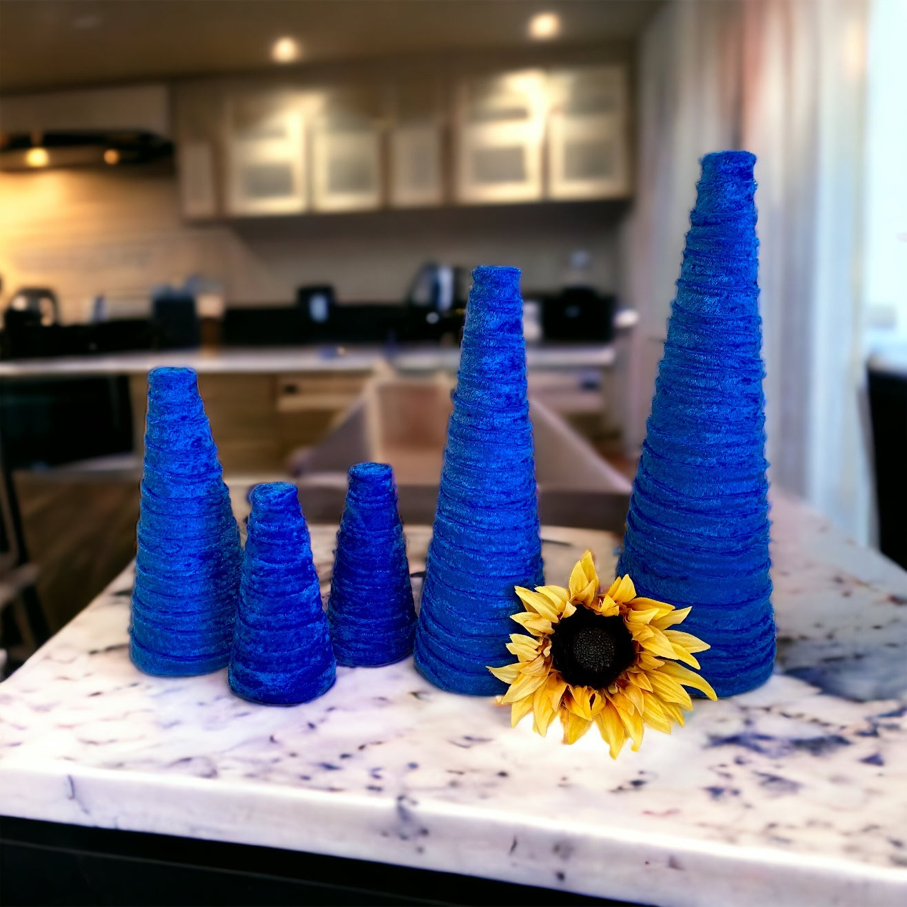 Decorative CONE Trees BLUE CRUSH Velvet Tree Set of 5