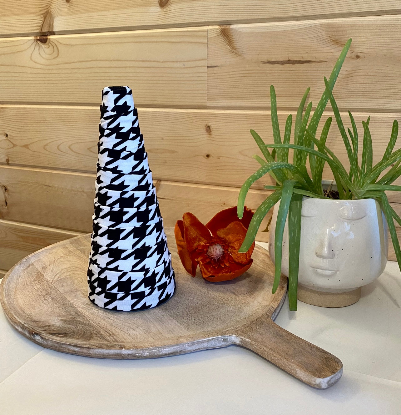 Decorative CONE Tree Centerpieces BLACK and WHITE Houndstooth Print Handcrafted Fabric Cones Country Chic Farmhouse Glam Set of 4