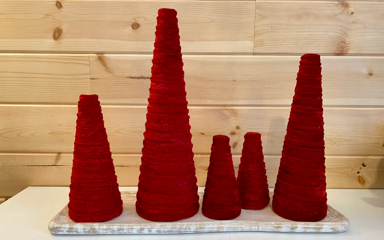 Decorative CONE Trees BRICK RED Crush Velvet Tree Set of 5