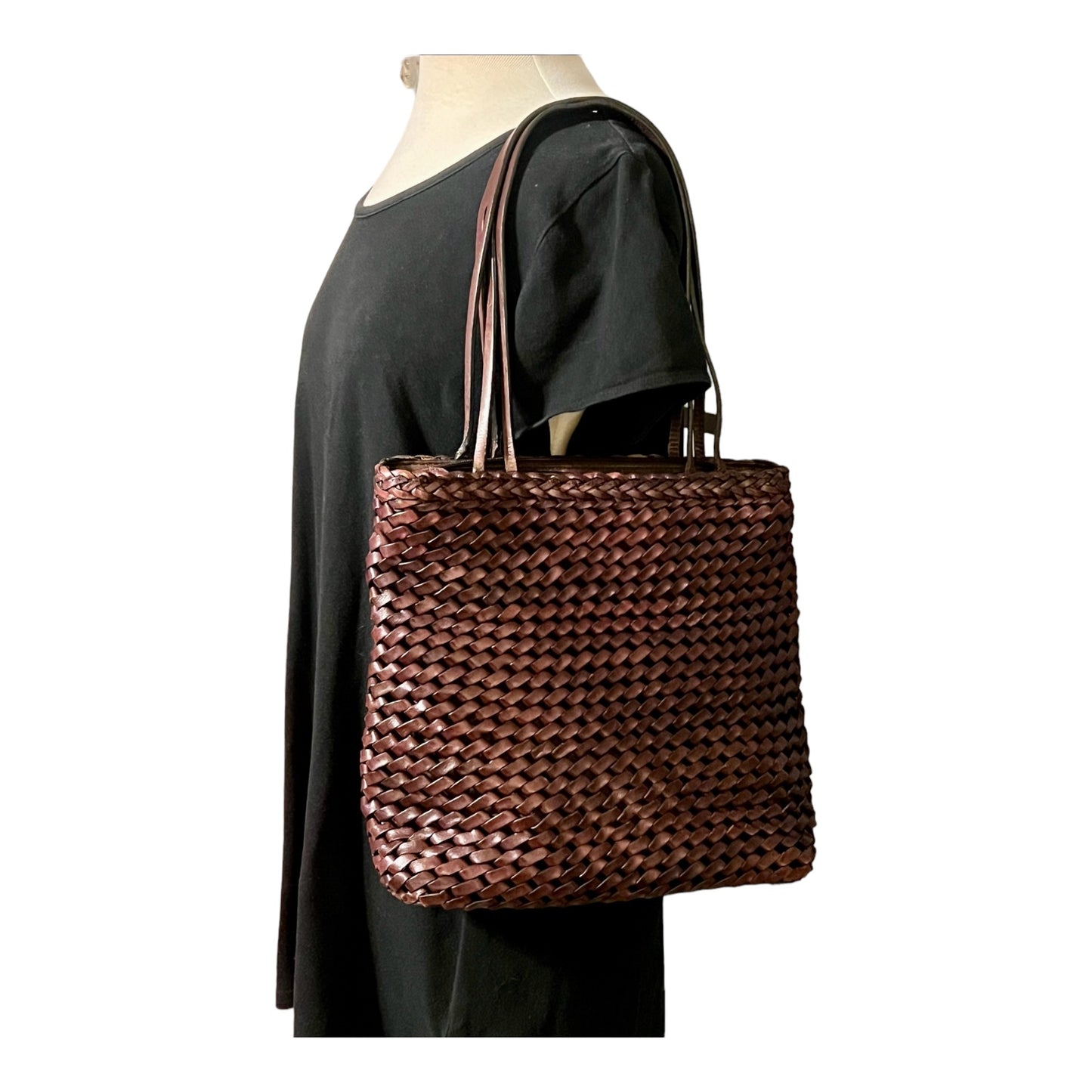 ‼️SOLD‼️ Woven Brown Leather Tote Bag Bucket Bag Fabric Lined by HOBO International