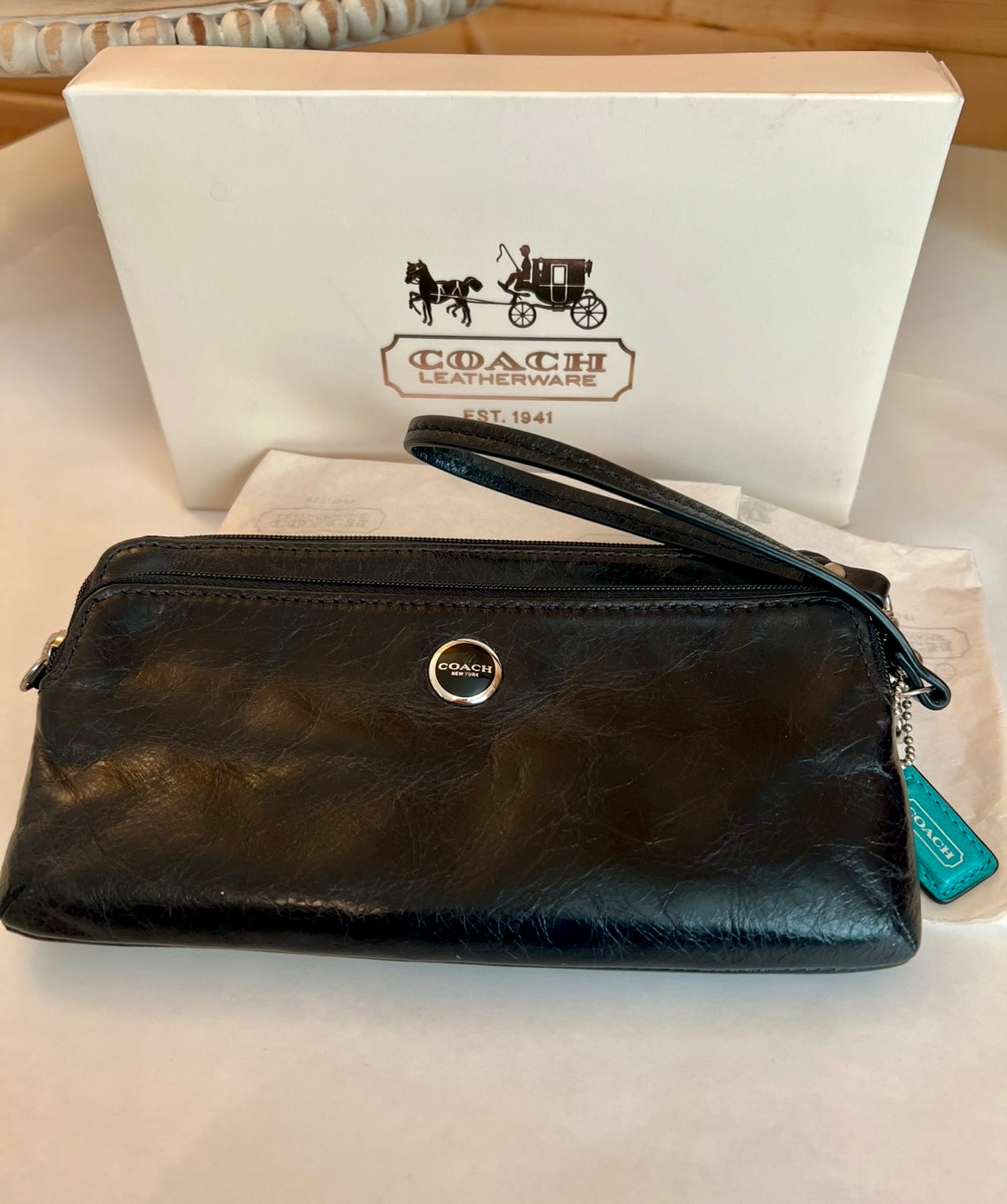 Vintage Coach Black Leather Double Zip Wallet Wristlet #47894 *New w/Box Receipt