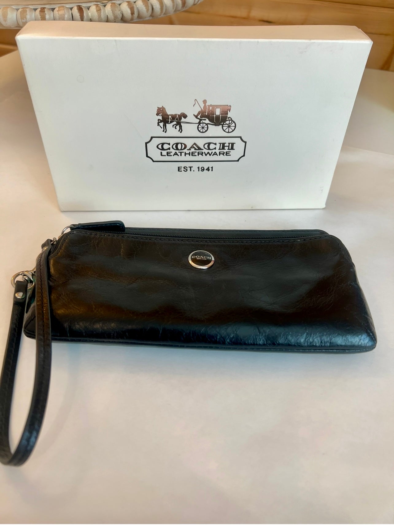 Vintage Coach Black Leather Double Zip Wallet Wristlet #47894 *New w/Box Receipt