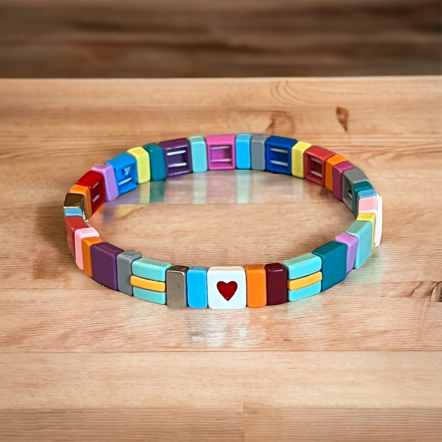 Bracelet Gift Set Stretch Bracelets MOMMY & ME Heart Rainbow Enamel Ceramic Bracelet One for Mom Heart Bracelet One for Child Heart Bracelet