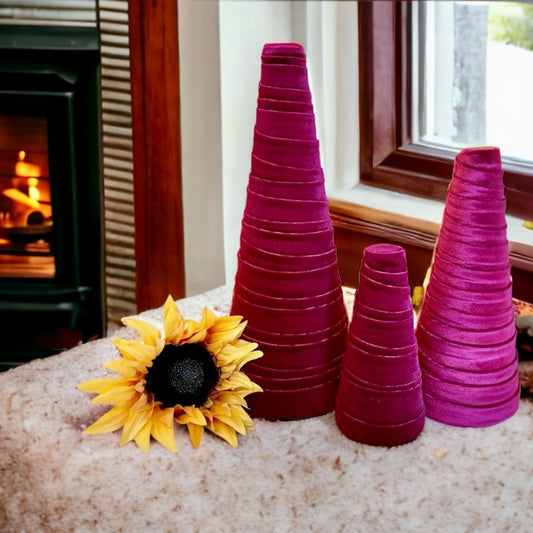 Magenta Velvet Holiday Decor Handcrafted Decorative CONE Tree Set of 3 Velvet Cones Rustic Mantle Decor Home Staging Accessory