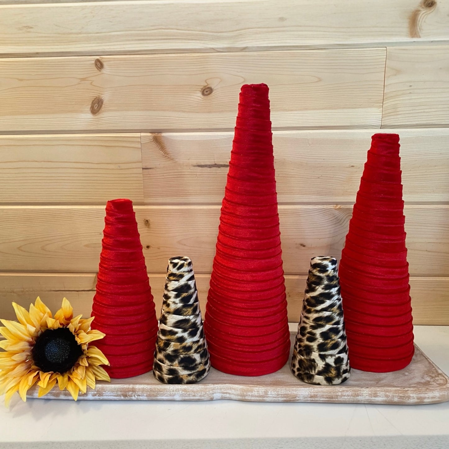 Decorative CONE Trees CANDY CANE RED VELVET Tree Set of 5