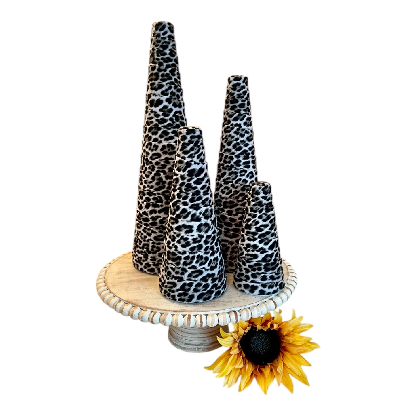 Decorative CONE Tree Centerpieces Snow Leopard Print Handcrafted Fabric Cones Country Chic Farmhouse Glam Set of 4