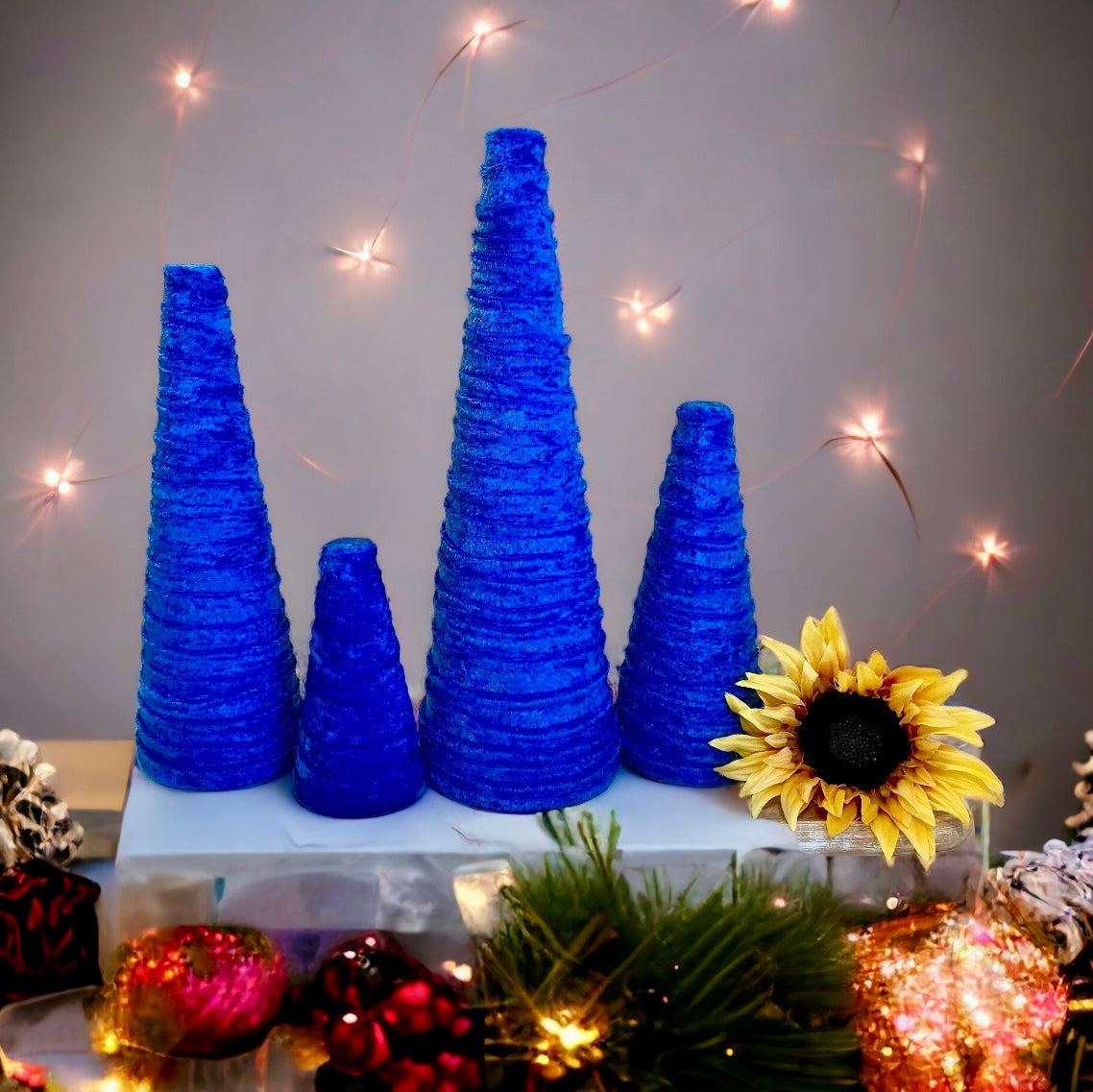 Decorative CONE Trees BLUE CRUSH VELVET Tree Sets of 4