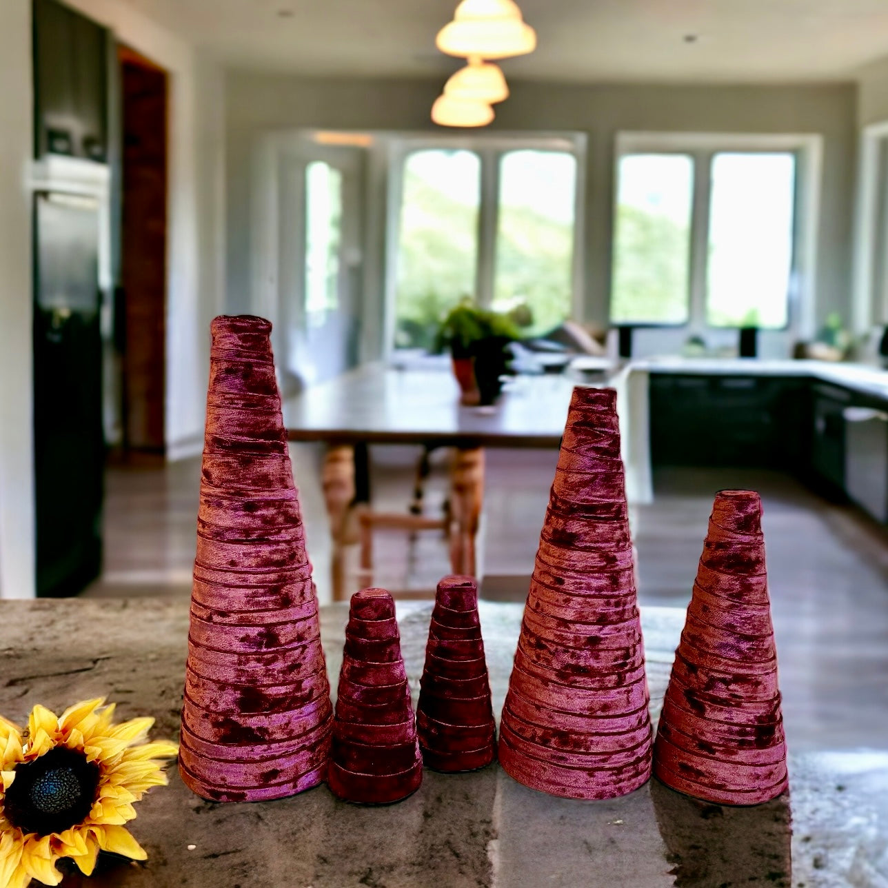 Decorative CONE Trees WINE VELVET Tree Set of 5