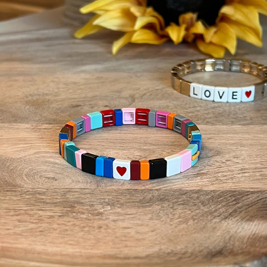 Bracelet Stretch RAINBOW HEART Bracelet Ceramic Enamel Multicolored Stretch Bracelet Arm Party Stack Bracelet Jewelry Gift for Her Arm Candy