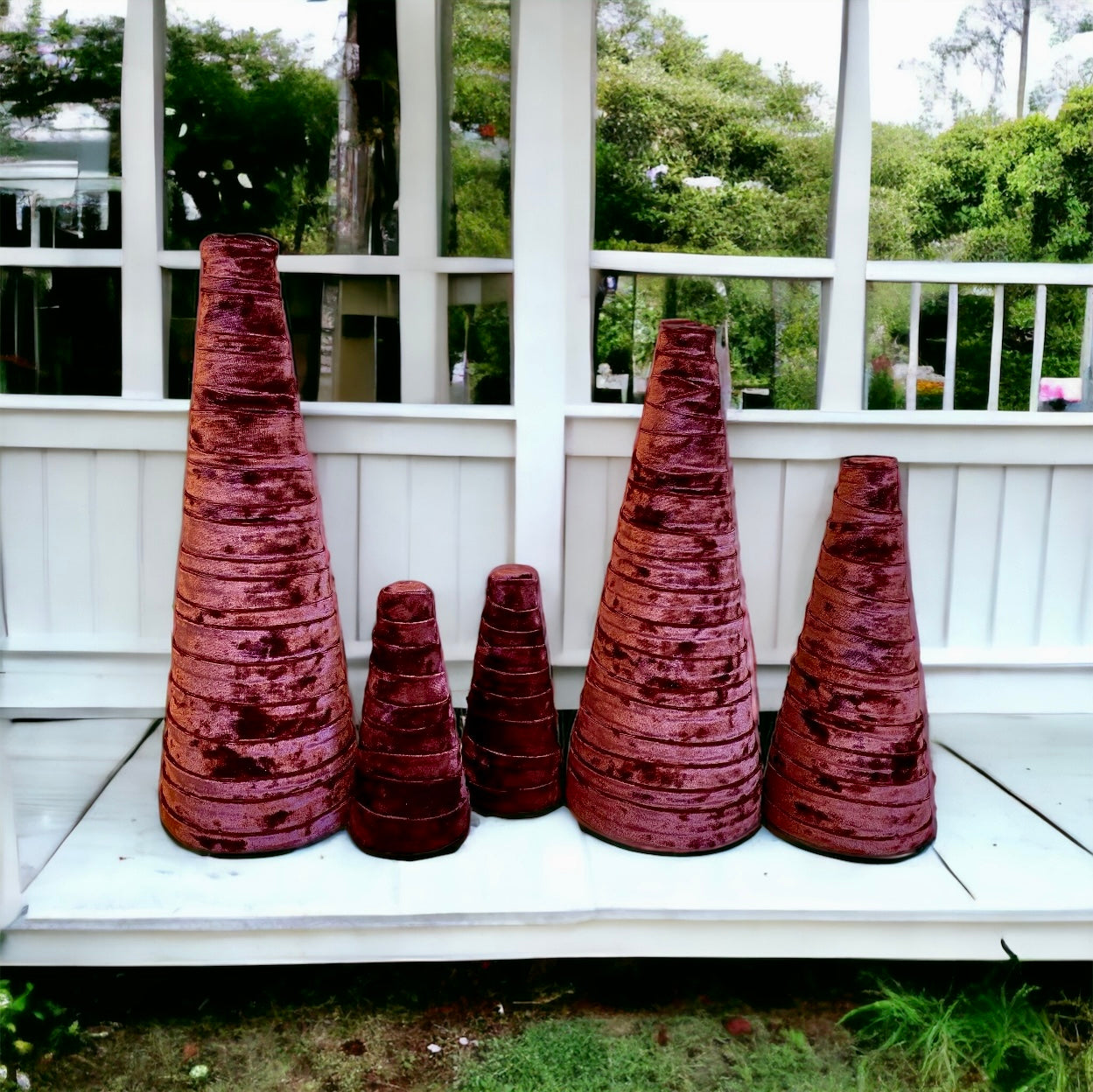 Decorative CONE Trees WINE VELVET Tree Set of 5