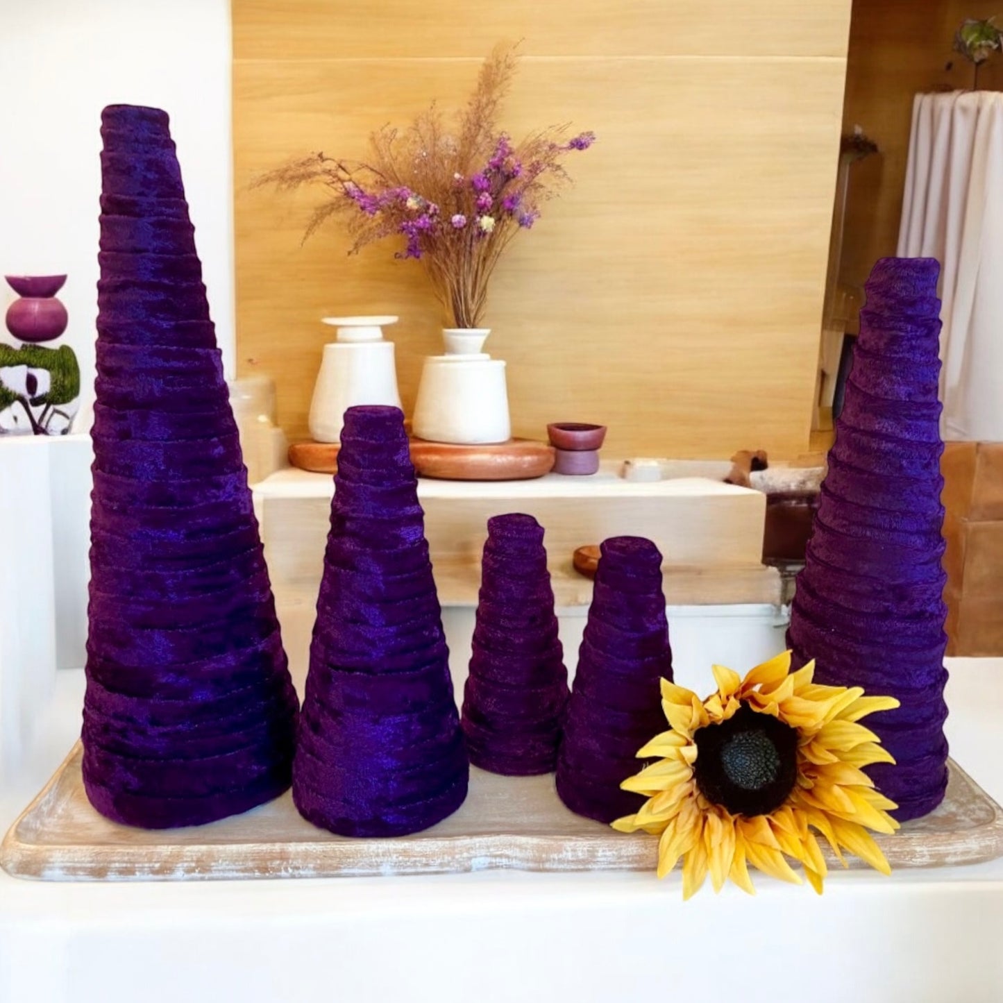 PURPLE Crushed Velvet Decorative CONE Tree Wedding Centerpieces Spring Home Decor Host Gift Set of 5