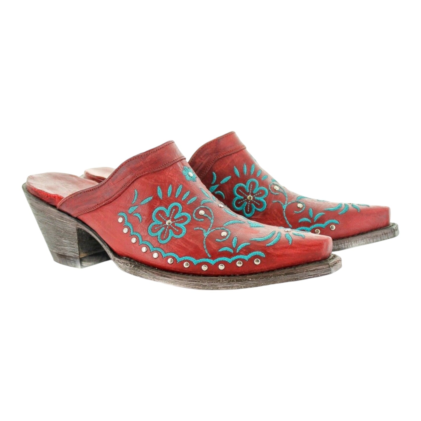 OLD GRING AMBER ML3105-1 RED TURQUOISE FLORAL EMBROIDERED LEATHER MULES