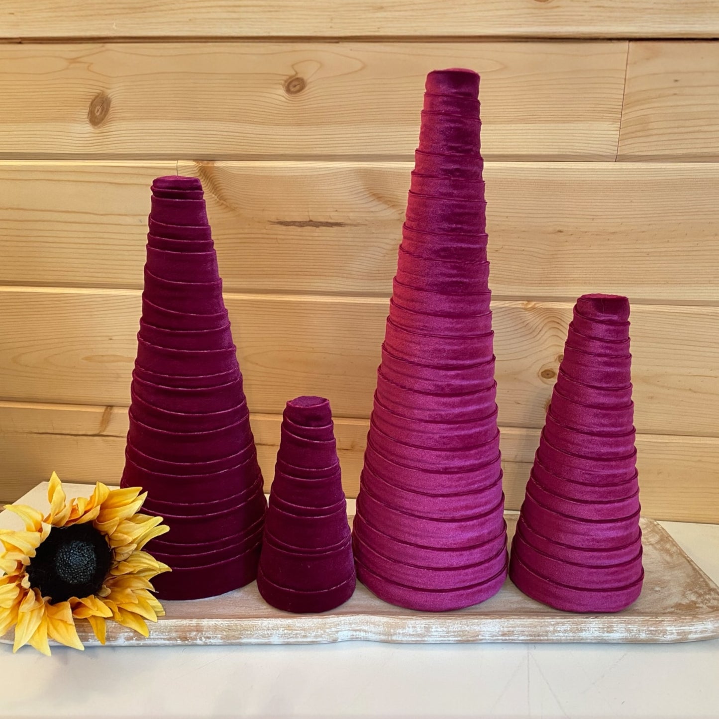 Magenta Velvet Cones Set of 4 Handcrafted Gift Set for Hostess Rustic Home Decor Modern Farmhouse Decor Wedding Centerpiece Shabby Chic Décor