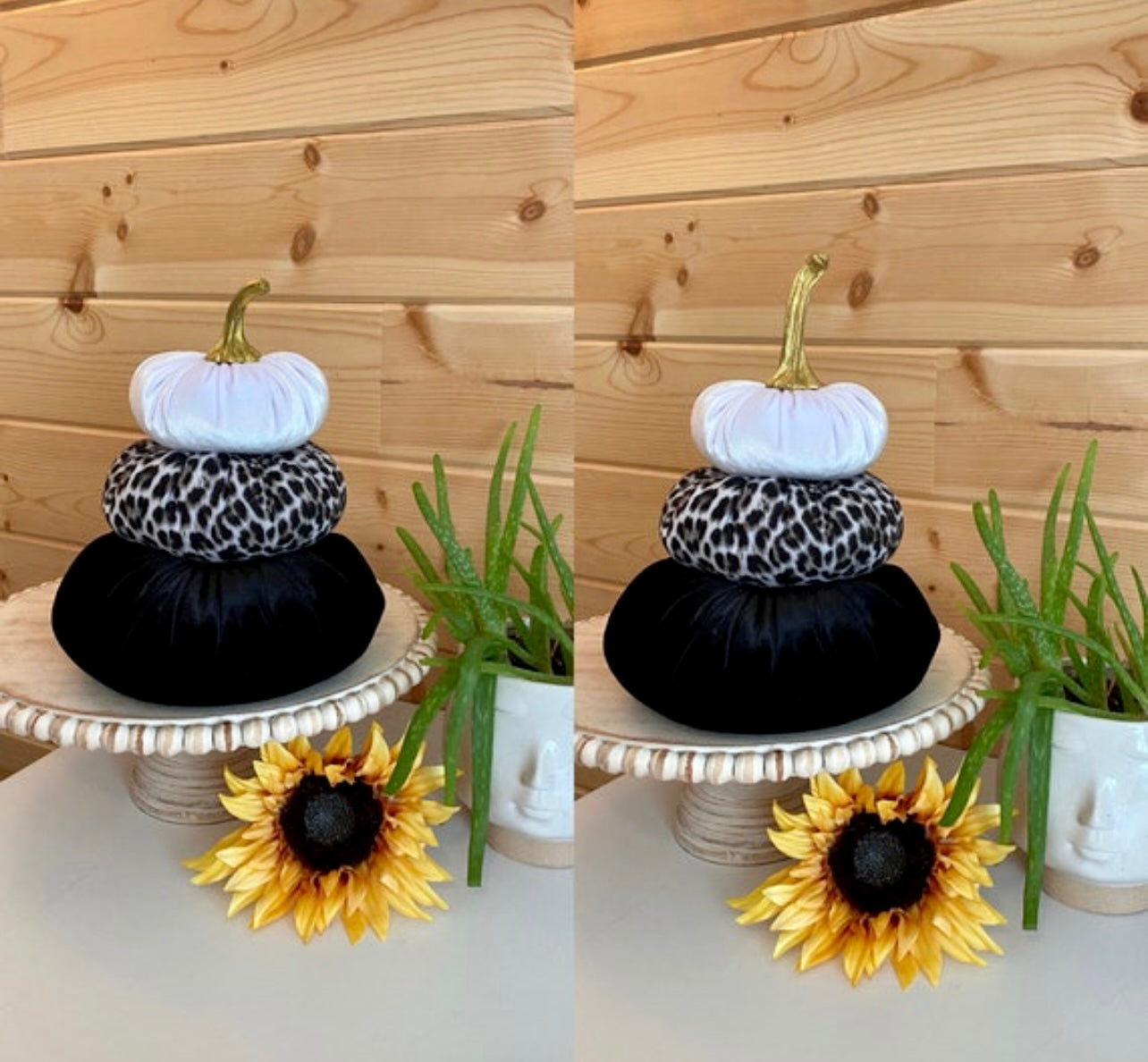 Tiered Pumpkin Stack - Velvet Animal Print White Snow Leopard