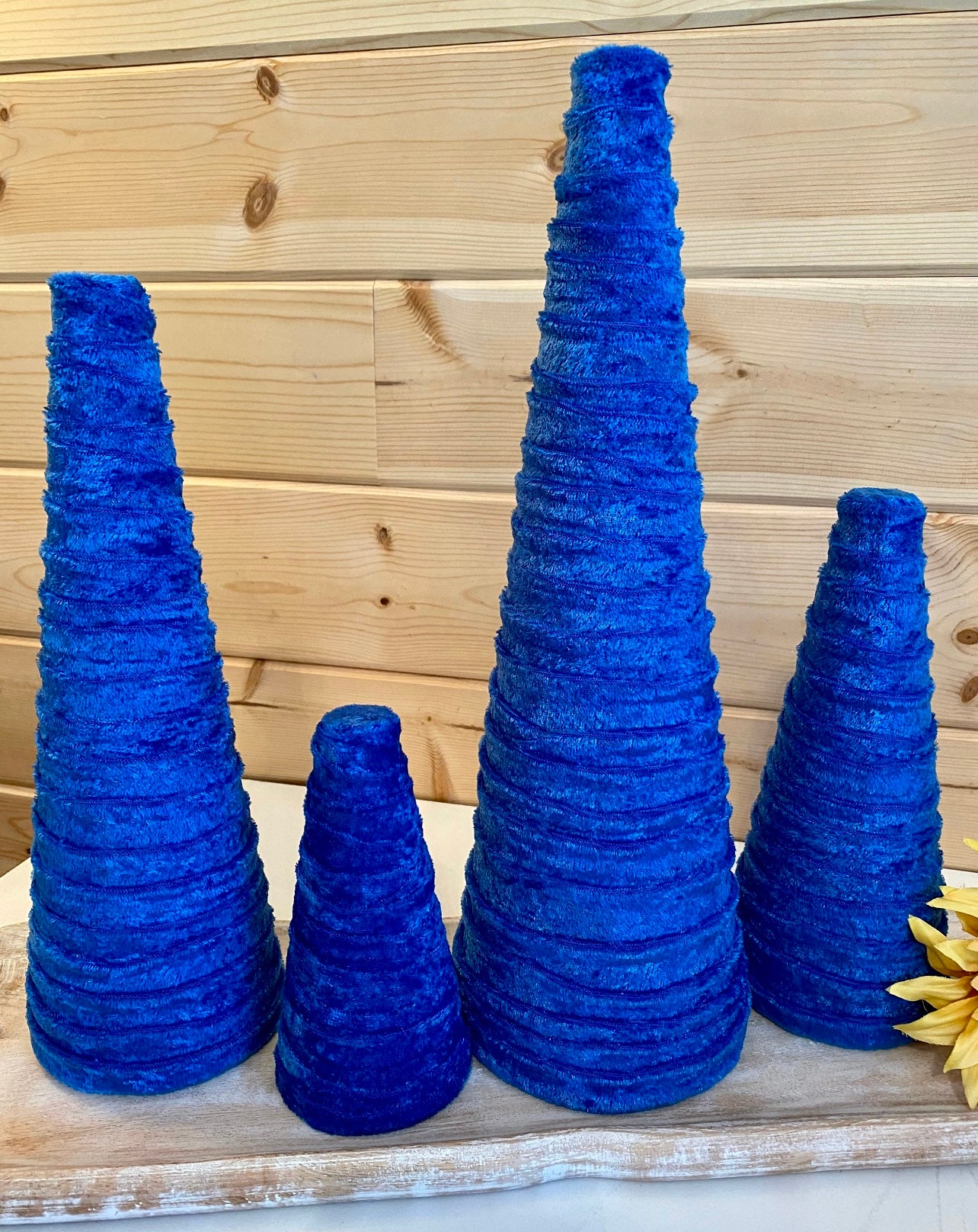 Decorative CONE Trees BLUE CRUSH VELVET Tree Sets of 4