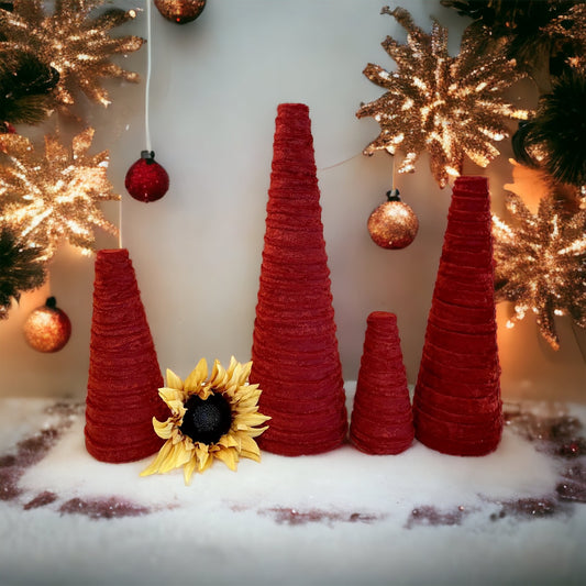 Decorative Trees Set of 4 Brick Red Crush handcrafted crushed velvet fabric trees rustic holiday centerpieces reception tablescapes