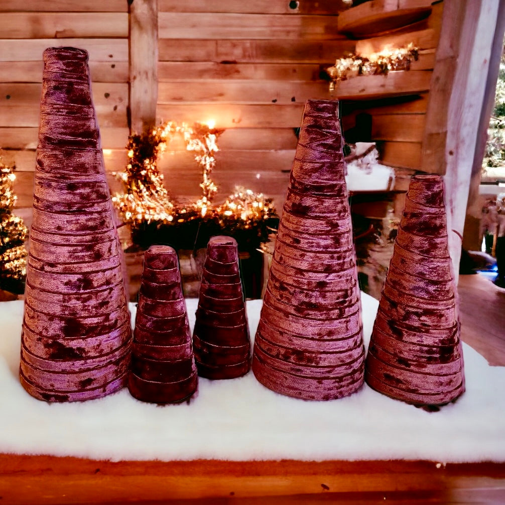 Decorative CONE Trees WINE VELVET Tree Set of 5