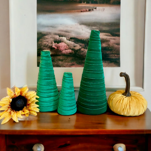 Decorative CONE Trees EMERALD GREEN VELVET Set of 3