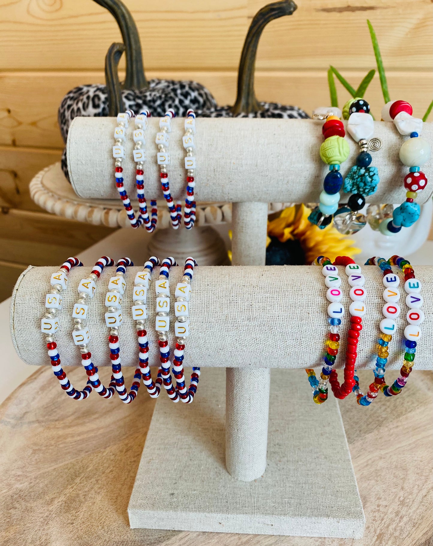 USA Bracelet Red White and Blue Stretchy Handcrafted Bracelet Beaded Americana Glam Patriotic Chic Arm Candy Unisex Jewelry Bracelet Gift