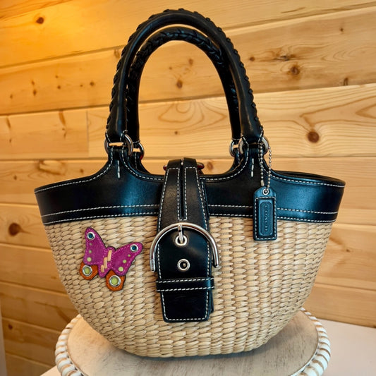 ‼️SOLD‼️ COACH Vintage Basket Purse Black Leather Trim with Pink Suede Butterfly 6270